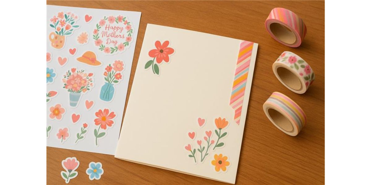 Mother's Day card decorated with stickers and washi tapes