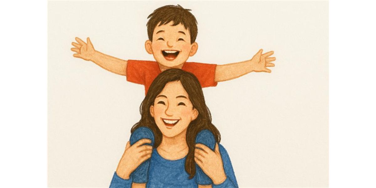 Child piggybacking on mom's shoulders
